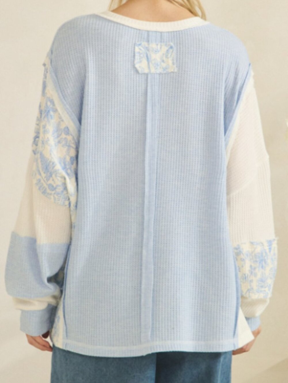 SAGE + FIG Patchwork Floral Sleeve Waffle Knit Pullover - Picture 2 of 2